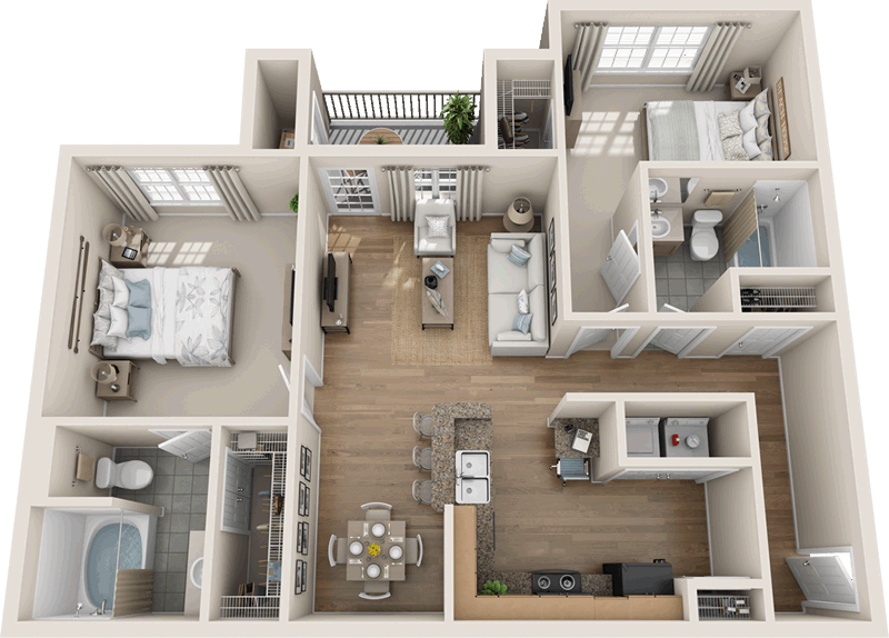 Floor plan for 2 beds, 1 bath, 975 sqft